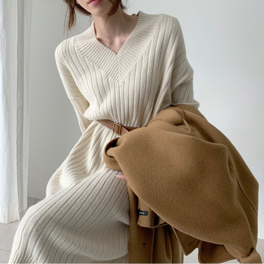 Womens Sweater Dress Winter Long Sleeve Sweaters Knitted Dresses Womens Loose Maxi Oversize Knitting Robe Vestido