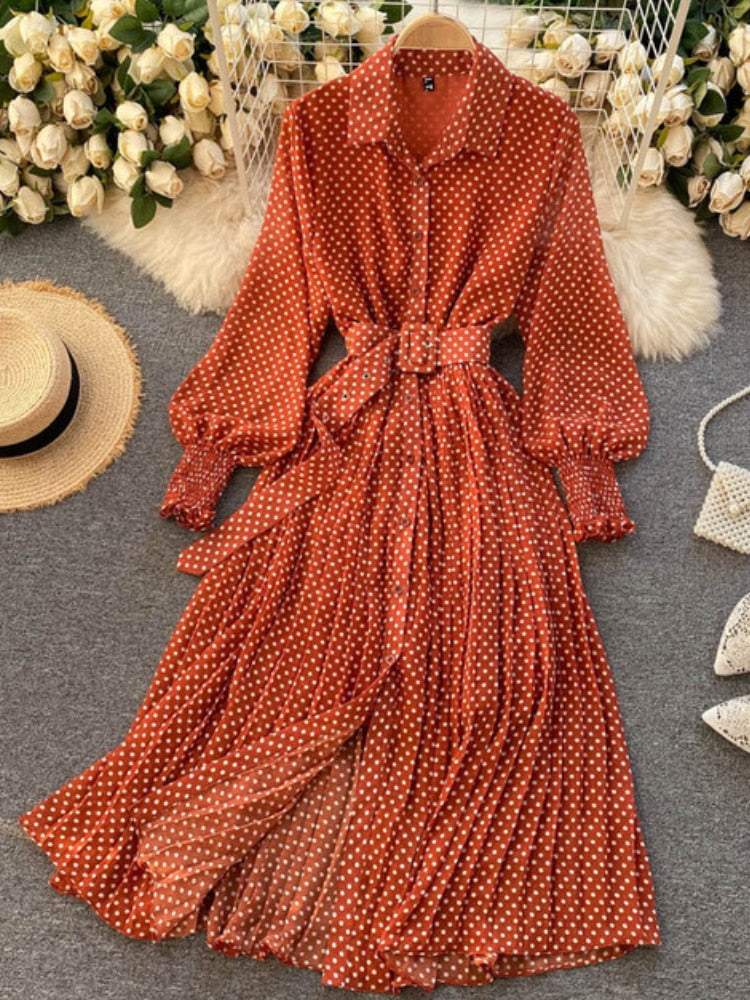 Women Vintage Maxi Party Dress Long Sleeve Orange Polka Dot Pleated Evening Black Vestidos Femme Fashion Robe New