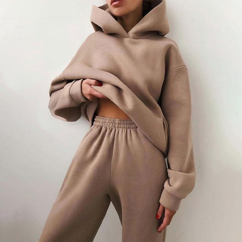 Women's Tracksuit Suit Autumn Fashion Warm Hoodie Sweatshirts Two Pieces Oversized Solid Casual Hoody Pullovers Long Pant Sets