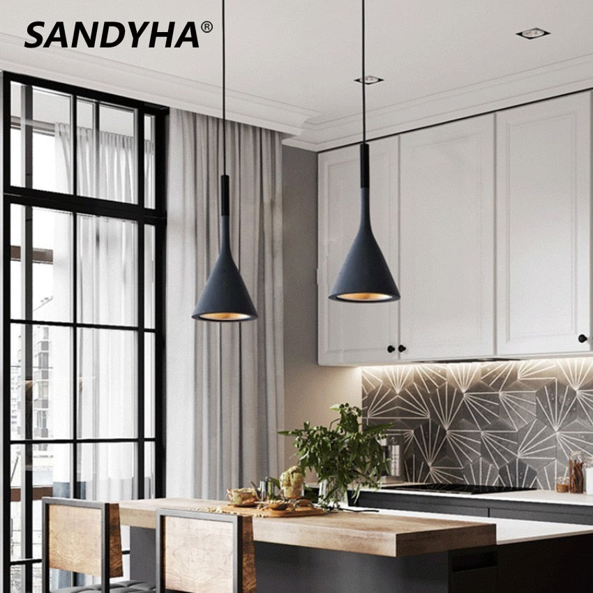 SANDYHA Modern Led Pendant Lights Black White Kitchen Fixtures Bedroom Table Dining Room Hanging Lamp Lampshade Home Chandelier