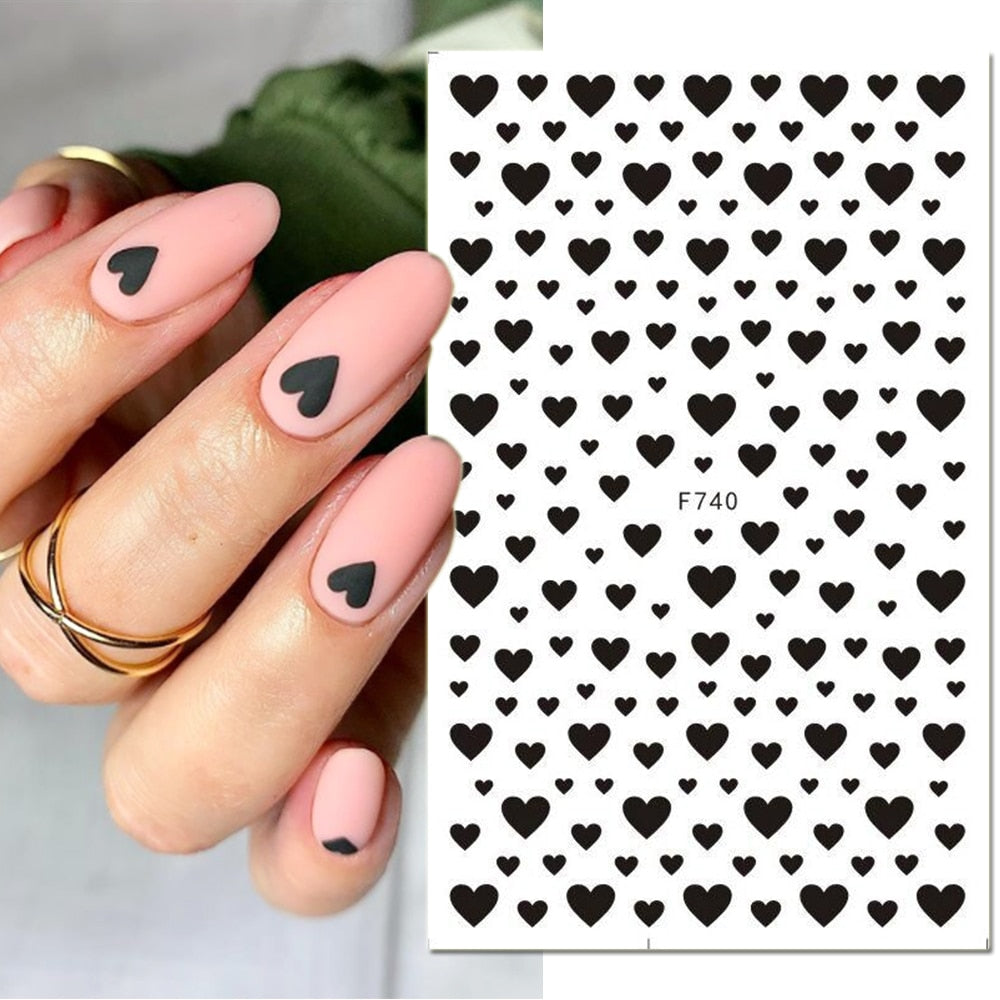 1pcs 3D Nail Sticker Black Heart Love Self-Adhesive Slider Letters Nail Art Decorations Stars Decals Manicure Accessories