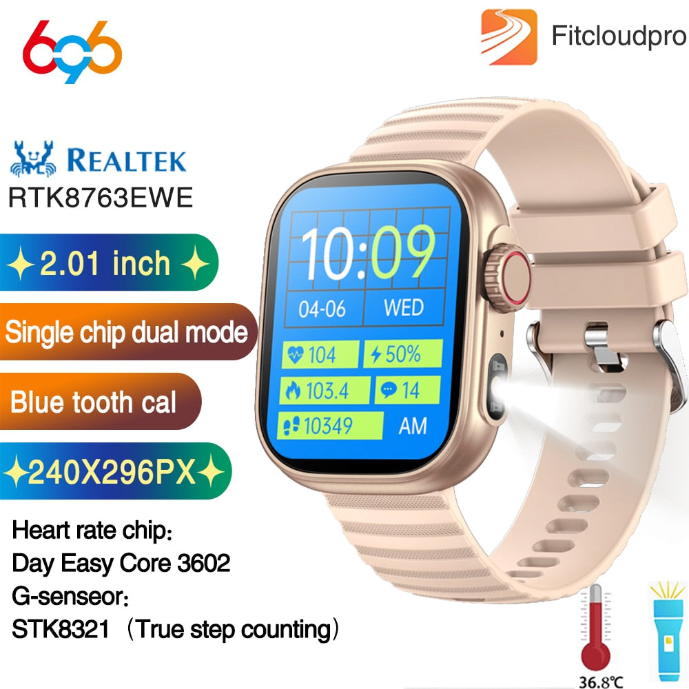 New 2.01" Blue Tooth Call Smart Watch Sports Fitness Flashlight Heart Rate Bracelet Waterproof Temperature Women Smartwatch