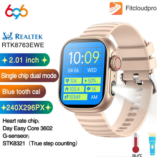 New 2.01" Blue Tooth Call Smart Watch Sports Fitness Flashlight Heart Rate Bracelet Waterproof Temperature Women Smartwatch