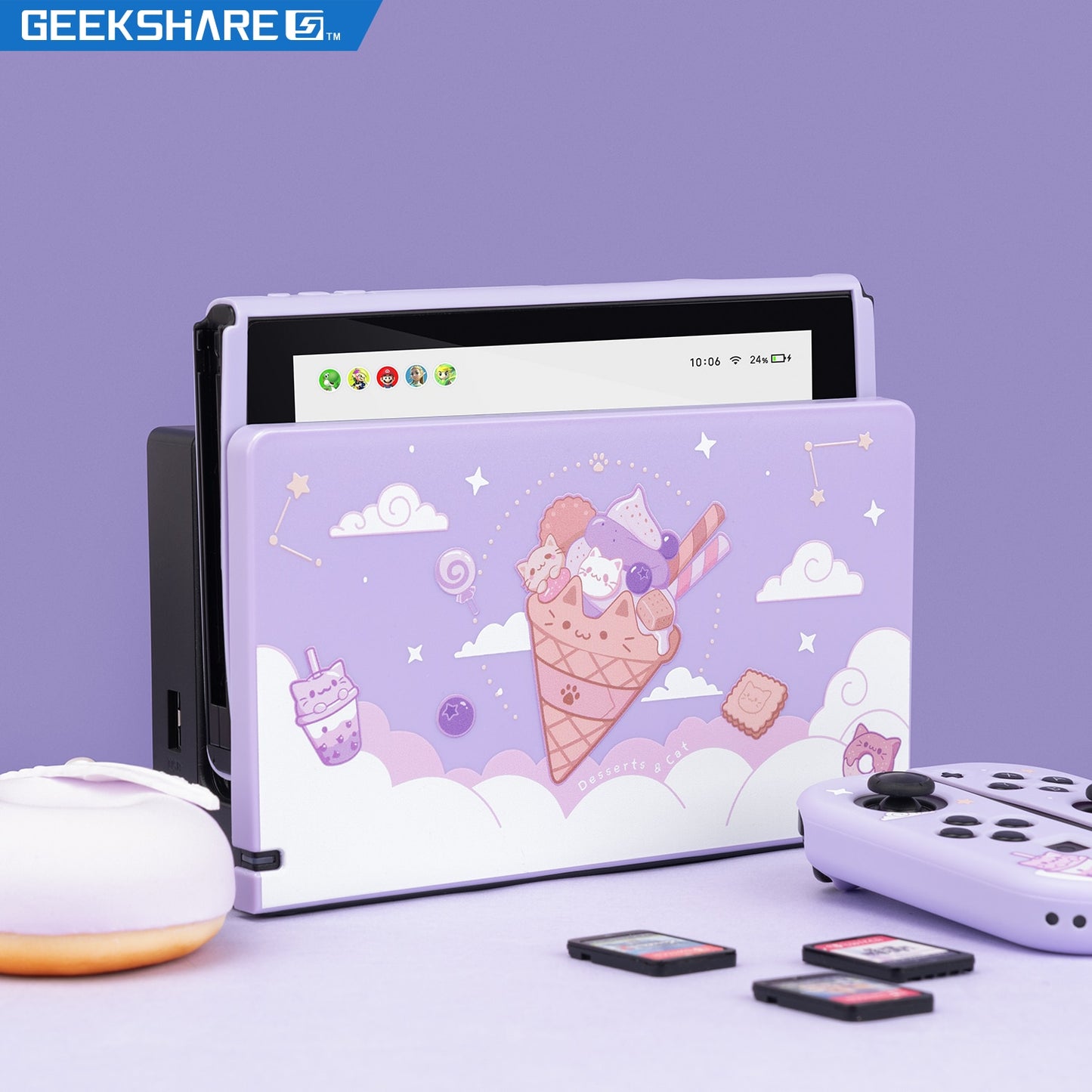 GeekShare Case For Nintendo Switch Charging Dock Kawaii Cotton Ice Cream Cat Full Cover NS Game Console Base Shell