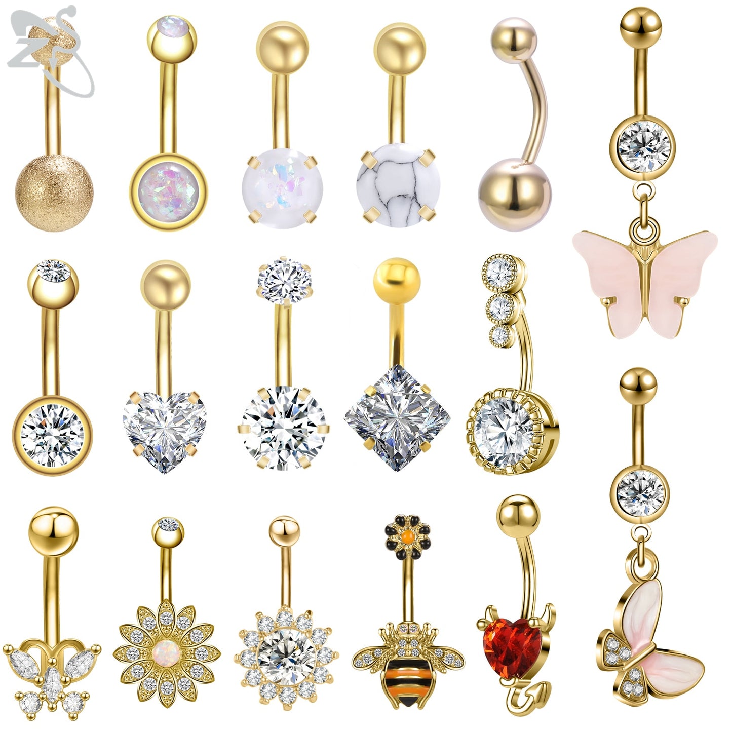 1 Piece Gold Color Stainless Steel Belly Ring Flower Heart CZ Crystal Navel Belly Button Rings Butterfly Navel Piercings