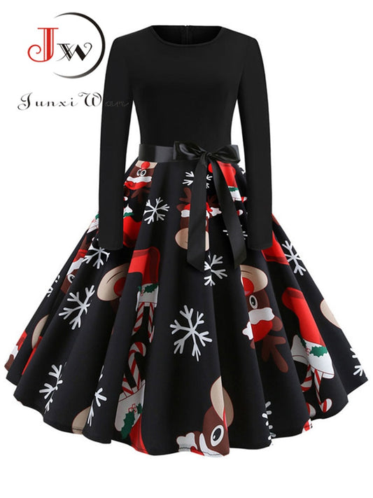 Christmas Dresses Women Vintage Robe Swing Pinup Elegant Party Dress Long Sleeve Casual Print Black