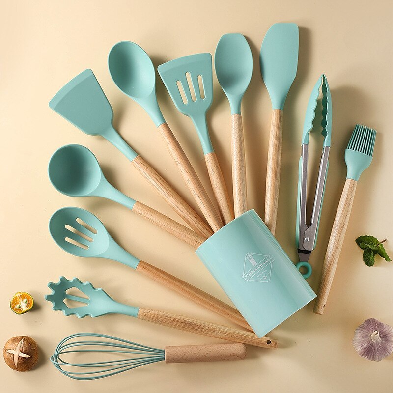 12Pcs Wooden Handle Silicone Kitchen Utensils With Storage Bucket High Temperature Resistant And Non Stick Pot Spatula And Spoon