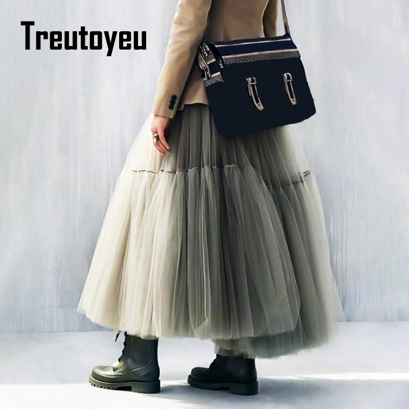 Maxi Long Tulle Skirts for Women Black Gothic Pleated Skirt Casual Party Fairycore Summer Winter Falda Mujer