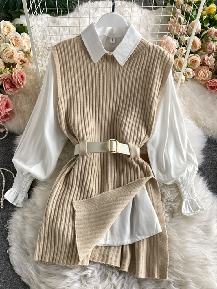 Spring Autumn Women's Lantern Sleeve Shirt Knitted Vest Two Piece Sets of College Style Waistband Vest Two Sets Top