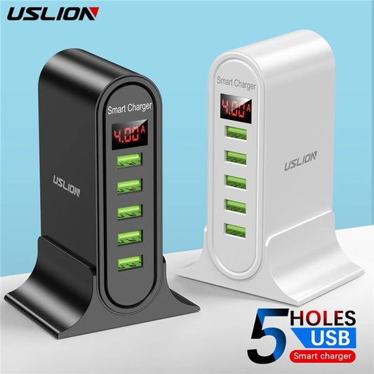 USLION 5 Port USB Charger For Xiaomi LED Display Multi USB Charging Station Universal Phone Desktop Wall Home EU US UK Plug