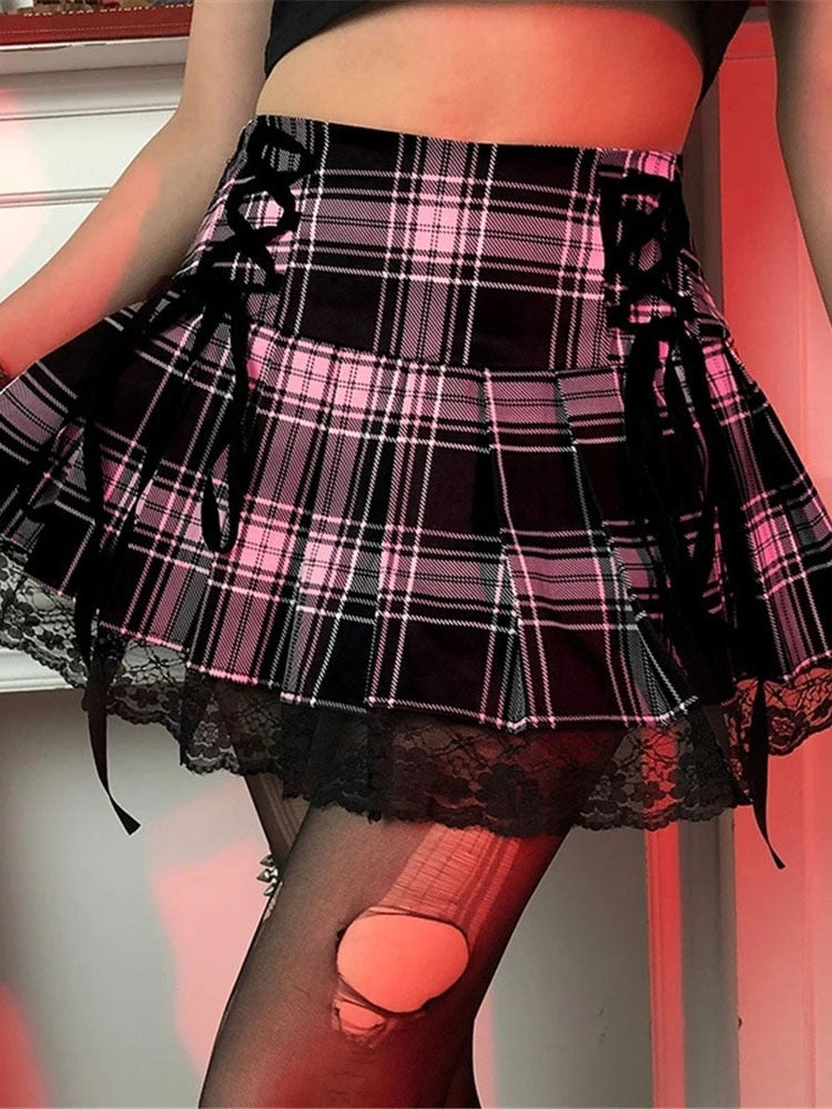 Skirts Women Lace Up Goth Skirt Plaid Lace Up Mini Skirt Female Punk Style Ladies Skirt Summer Streetwear Black Sexy