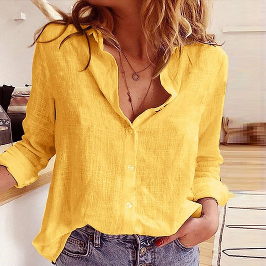 Leisure White Yellow Shirts Button Lapel Cotton Linen Top Lady Loose Long Sleeve Oversize Shirt Womens Blouses Autumn Blusas