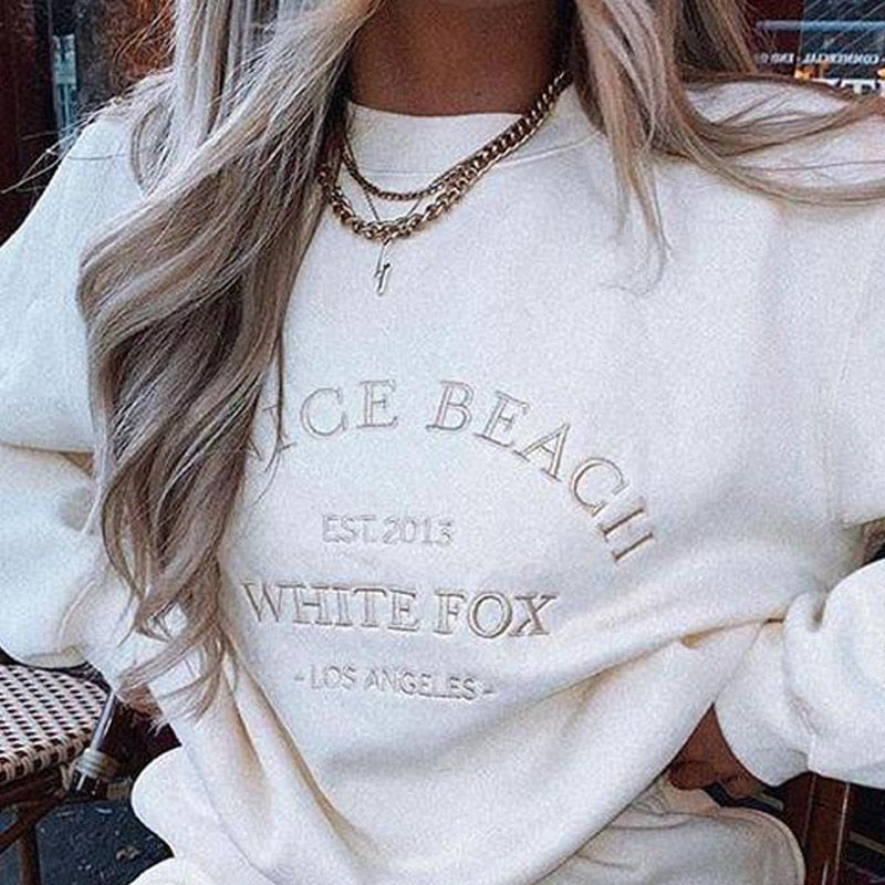 Embroidery Letter White Vintage American Oversized Sweatshirt Women Streetwear New Long Sleeve Casual Girl Tops Winter