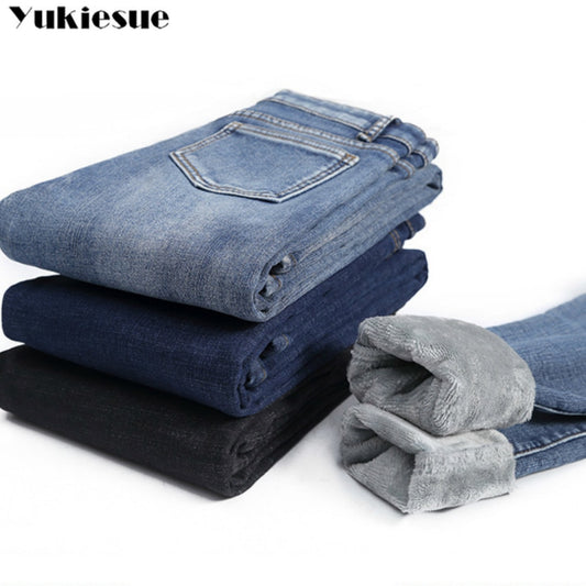 Winter Thick female Velvet Women High Waist Skinny Jeans Simple Fleece Warm Slim fit Stretch Ladies Casual Denim Pencil Pants