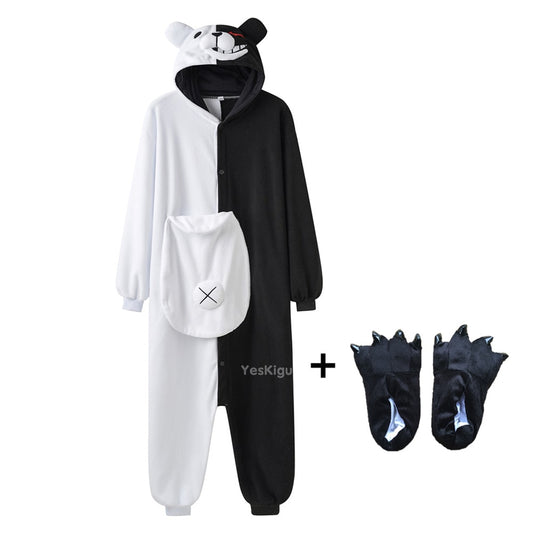 YESKIGU Monokuma Kigurumis Pajama Adult Onesie Anime Bear Jumpsuit Black White Animal Pajamas Women Halloween Party Suit Overall