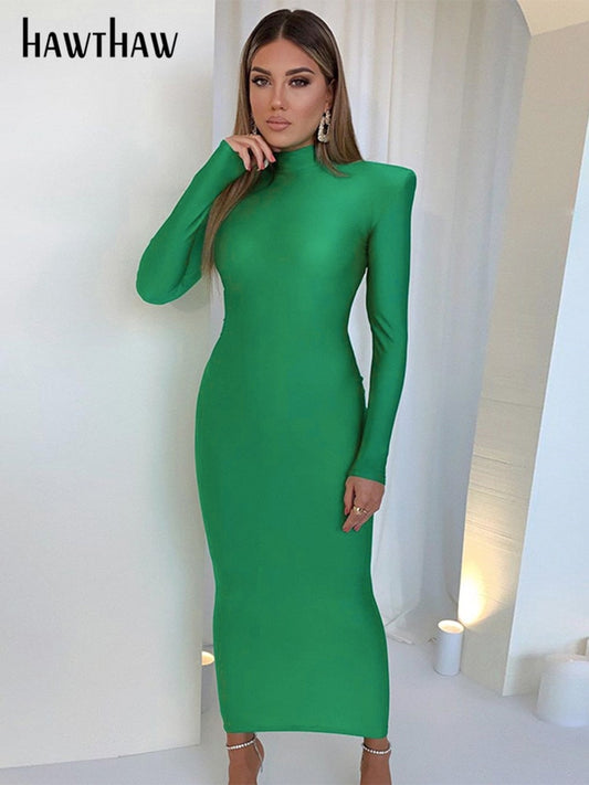 Hawthaw Shoulder Padded Long Sleeve Bodycon Green Party Club Maxi Long Dress