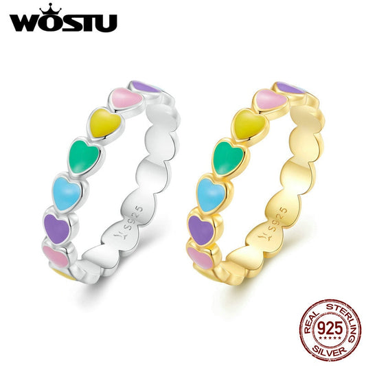 WOSTU New Arrival 925 Sterling Silver Multi-Color Rainbow Heart Finger Rings For Women Luxury Ring Jewelry Gift