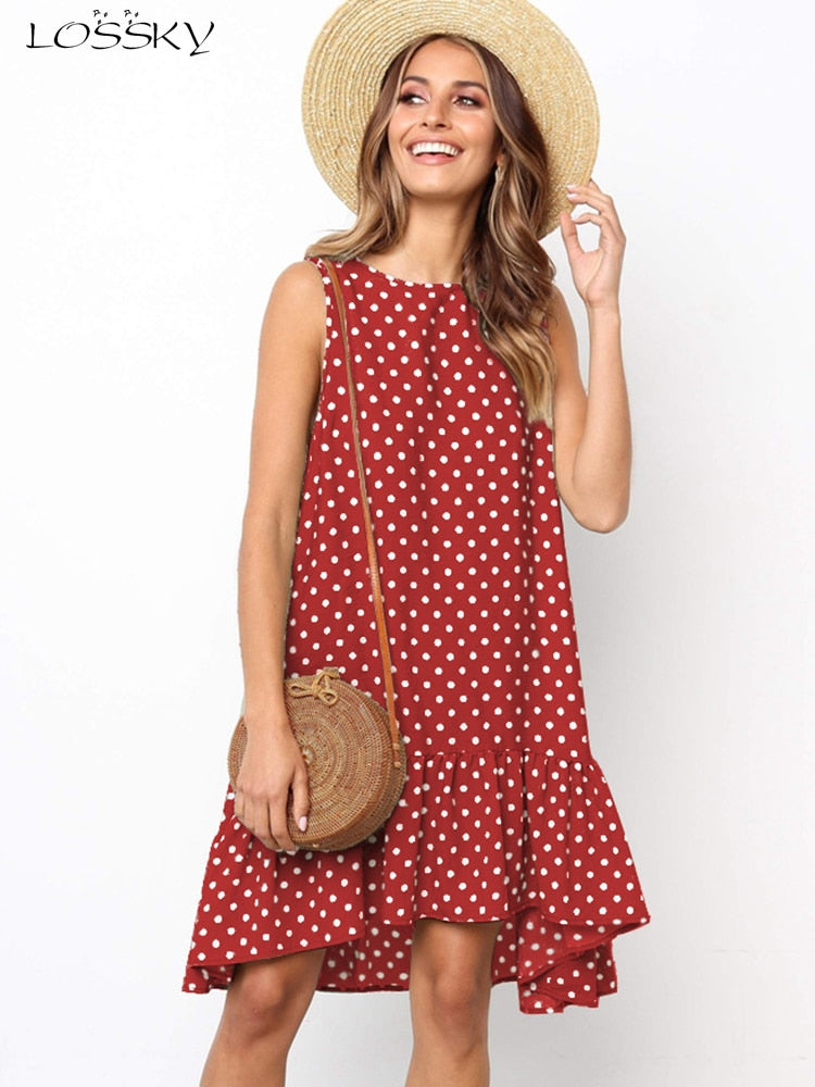 Lossky Women Summer Dress Polka Dot Chiffon Sleeveless Beach Mini Casual Yellow Sundress Fashion Dress For Women