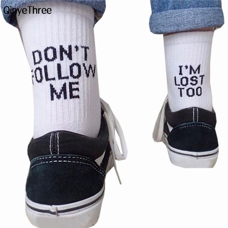 Black White Cotton Socks AB Side Don't Follow Me I'm Lost Too Creative Unisex Women Men Casual Sokken Daily