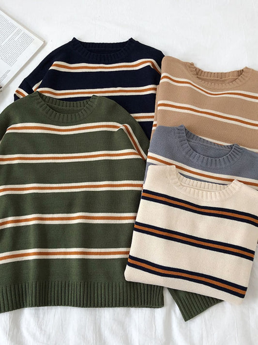 Vintage Stripe Sweaters Women Loose Oversize Korean Style Pullover Top Autumn Winter Long Sleeve  Knitted Sweater Femme