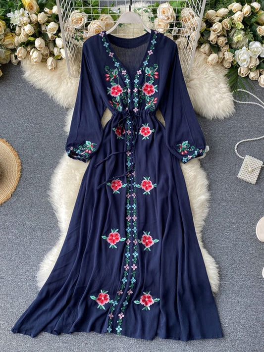 Women's Dress Travel Photography Holiday Long Dress New Retro Ethnic Style Embroidered V-neck Lantern Sleeve Dress